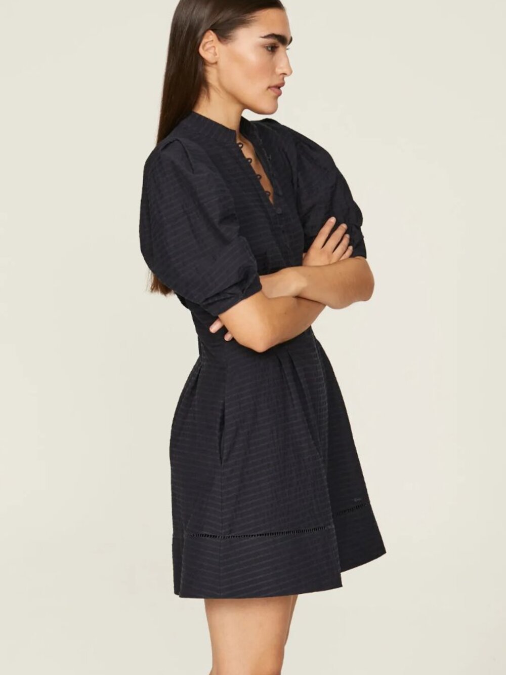 Club Monaco Balloon Sleeve Navy Textured Mini Dress - Picture 7 of 8